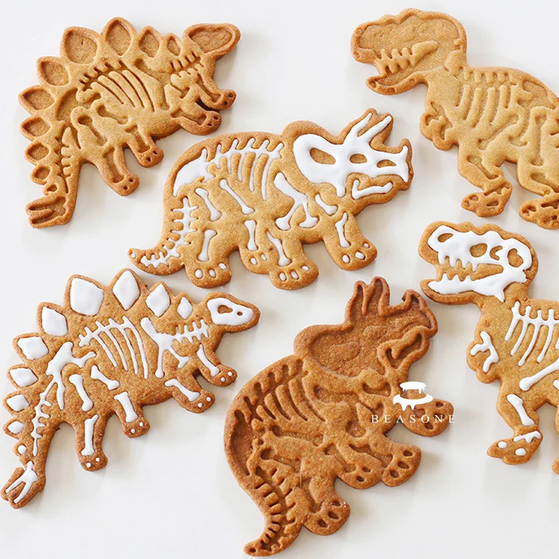3Pcs Dinosaur Cookie Cutters Mold 3D Fondant Biscuit Embossing Mould DIY Baking Tools Kids Jungle Birthday Party Cake Decoration