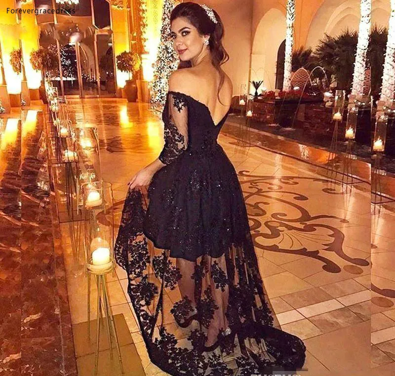 2017 Sexy Black Evening Dresses with Quarter Sleeves Off-Shoulder A-Line Illusion Bodice Hi-Lo Nigeria Arabic Dubai Prom Celebrity Dress  108 (1)