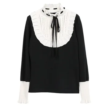 

Johnature Korean Autumn New Office Lady Knitted Ruffled Collar Sweater 2020 New Leisure Loose Lace-up Pullovers Women Clothes