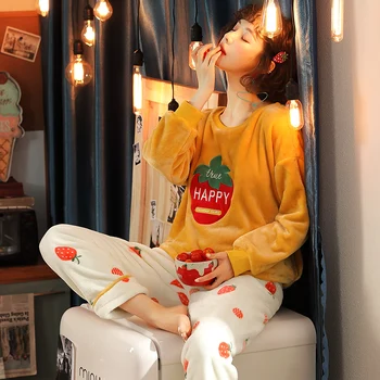 

Winter Sleepwear Women Velvet Pajamas Set Warm Pyjamas Femme Flannel 2 Pcs Pj Set Home Wear Women Thick Pijama Invierno Mujer