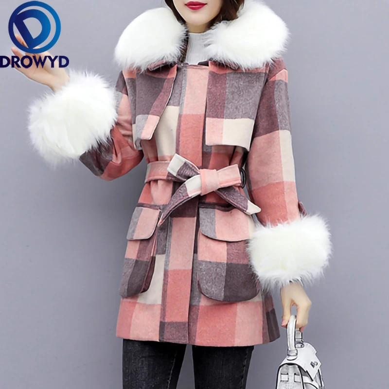 

Winter Houndstooth Wool Coats 2020 New Women Fashion Red Plaid Print Double Breasted Jackets Women Elegant Slim Thicken Female
