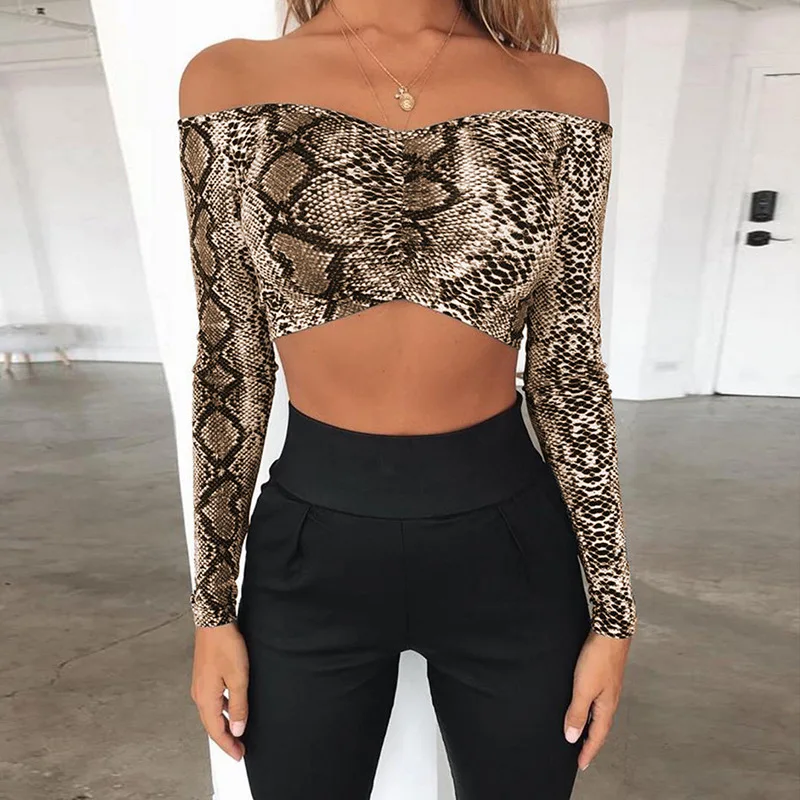 

Lady Off-Shoulder Tops Slim Navel Long Sleeve Snakeskin Pattern Short T-shirt Woman Street Style Tshirts Women Sexy Tops