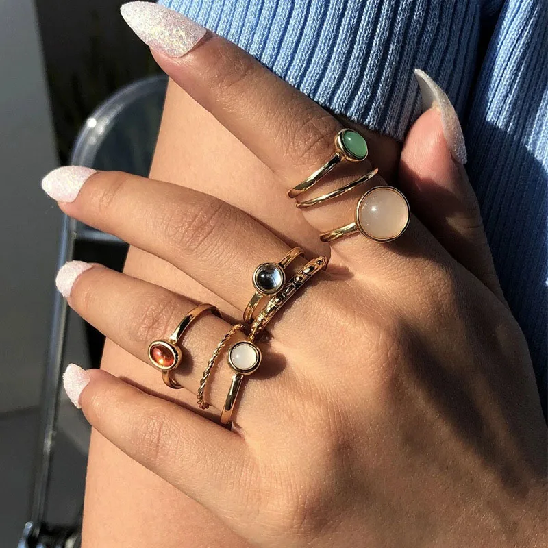 2021 New Korea 8pcs/set Vintage Colorful Stone Metallic Chain Trendy Geometry Hit Rings Set for Women Girls Jewelry | Украшения и