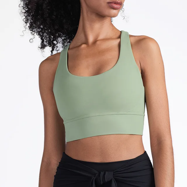 Lulu Hot Sell Gym Yoga Vest Athletic Fitness Women Sports Bra Solid Color Cross Sexy Tights Tank Top Butter Soft With Chest Pad Avocado green