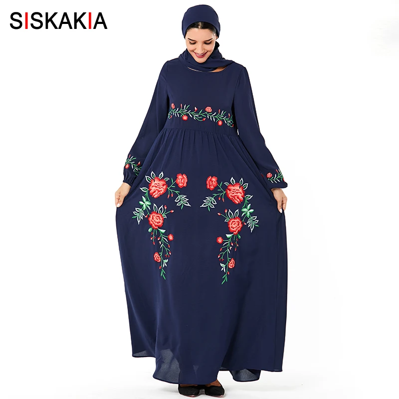 Siskakia женское повседневное длинное платье шикарное Цветочная вышивка макси платья Высокая талия драпированные качели размера плюс арабская одежда абрикосового цвета