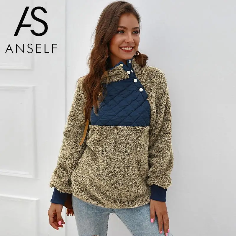 Teddy Hoodies Women Warm Fleeces Sweatshirt Turtleneck Buttoned Raglan Long Sleeves Spliced Fluffy Tops Autumn Pullovers Outwear | Женская