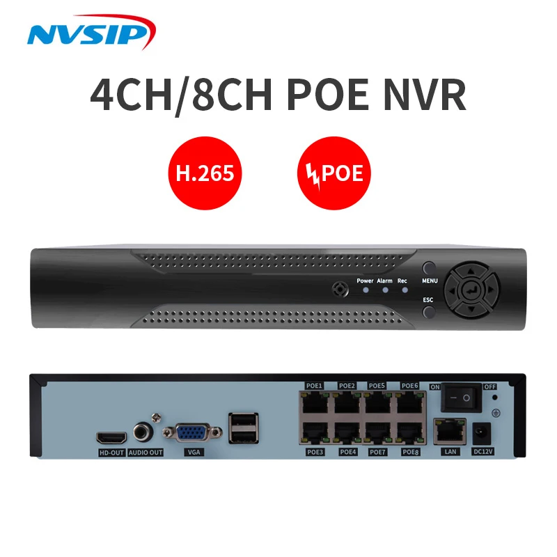

H.265 H.264 POE CCTV NVR Security Surveillance Video Recorder 8CH 8CH 4MP 4CH 5MP PoE NVR IEE802.3af For PoE IP Cameras