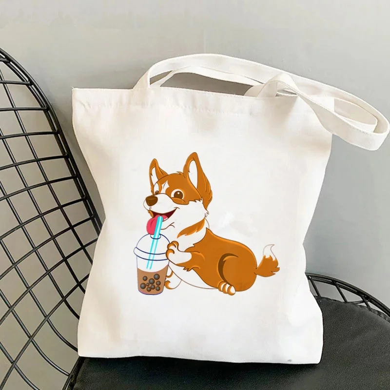 Shopper Corgi Cartoon Printed Kawaii Bag Harajuku women Shopping Bag Canvas Shopper Bag girl handbag Tote Bag Shoulder Lady Bag