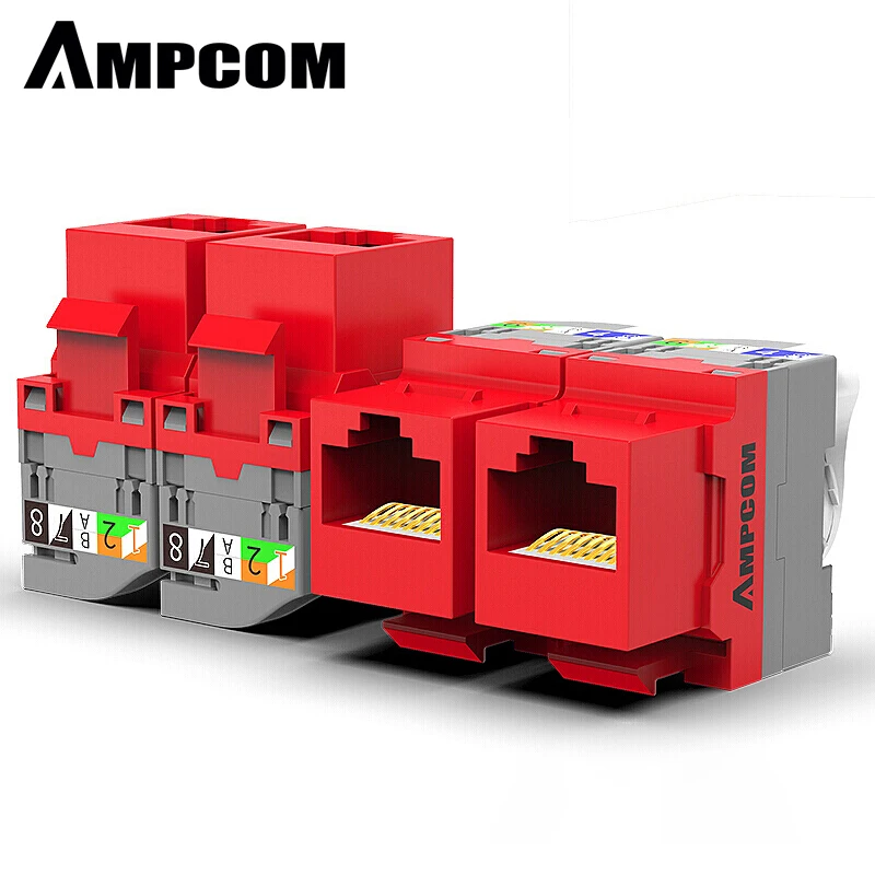 

AMPCOM 10-Pack CAT5e RJ45 Tool-Less Keystone Jack, No Punch Down Tool Required UTP Module Connector Red