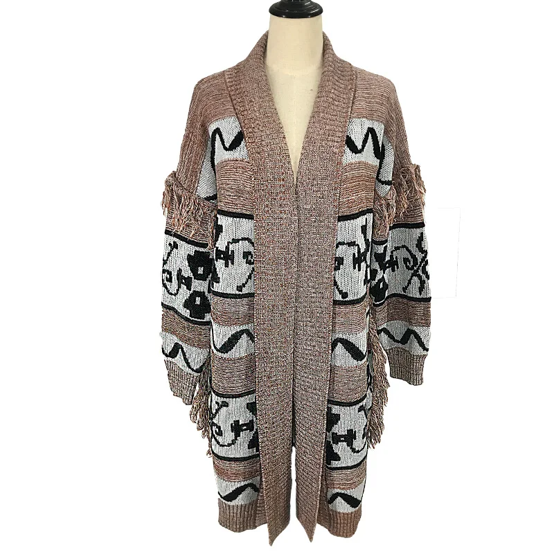 

Autumn Winter Long Cardigan Jacket Female Tassel Fashion Printed V Neck Knit Female Cardigan Thicken Women's Sweater Coat JS06