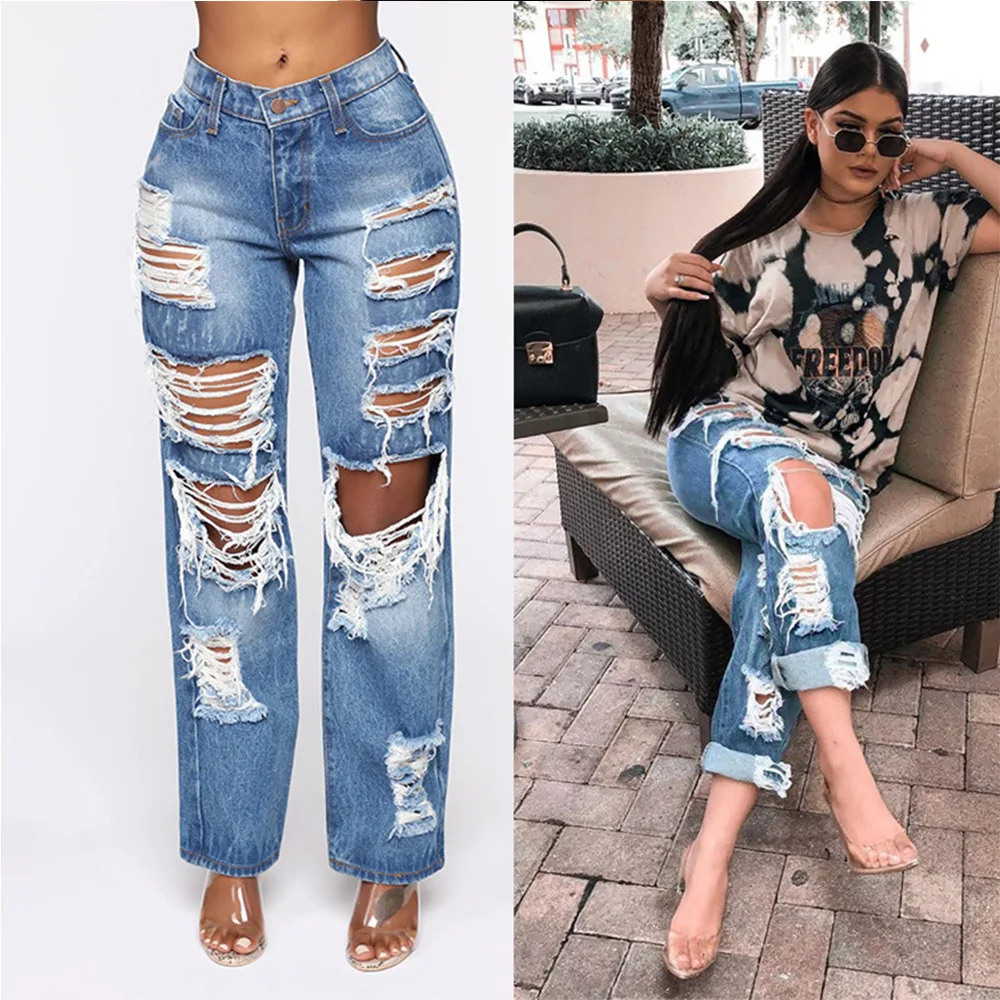 

Inelastic Straight Womens Jeans Hole Irregular Distressed Straight Jeans For Womens Casual Street Boyfriend Jeans For Women Traf