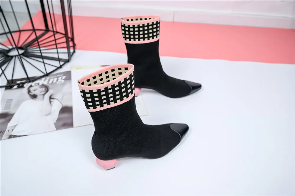 Пикантные эластичные ботильоны из натуральной кожи с острым носком; розовые сапоги на высоком каблуке в европейском стиле; вязаные эластичные сапоги; женская обувь; THS02 muyisxi