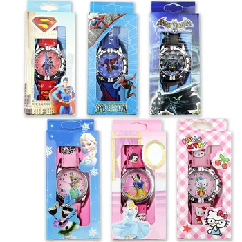

New Children Cartoon Watches Spiderman Batman Superman Boys Watch Princess Girls Watch Leather Strap Quartz Clock with Box