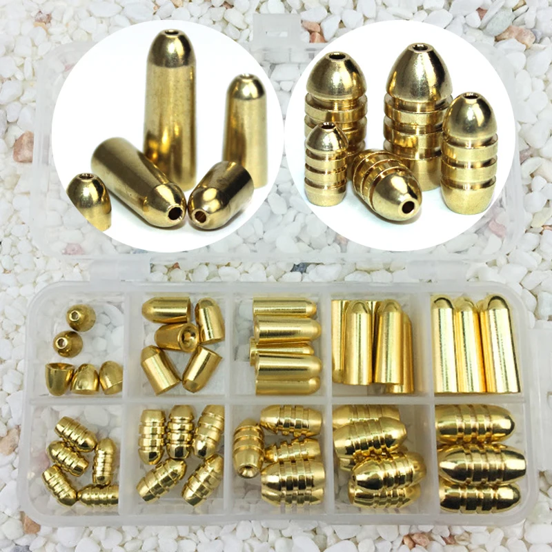 50pcs/box Mix Sizes Two Types Fishing Accessories Bullet Copper Weights Metal Jig Drop Shot Sinkers For Texas Rig Tackle | Спорт и