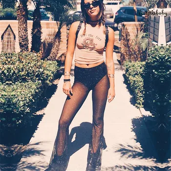 

Womens Summer Beach Mesh Sheer High Waist Pants High Stretch Trousers Women See-through Flare Pant Sequins Pantalone Femme