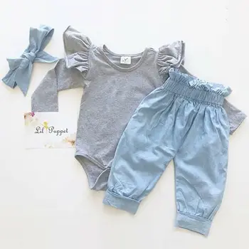 

Newborn Baby Girl Ruffle Long Sleeve Romper Tops Denim Pants 2Pcs Outfit Clothes
