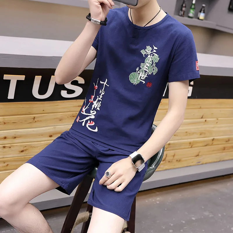 

2020 Men Cotton Linen Set Korean-style Ten Peach Blossom Embroidered MEN'S Short-sleeved T-shirt Cotton Linen Korean-style 2 Pie