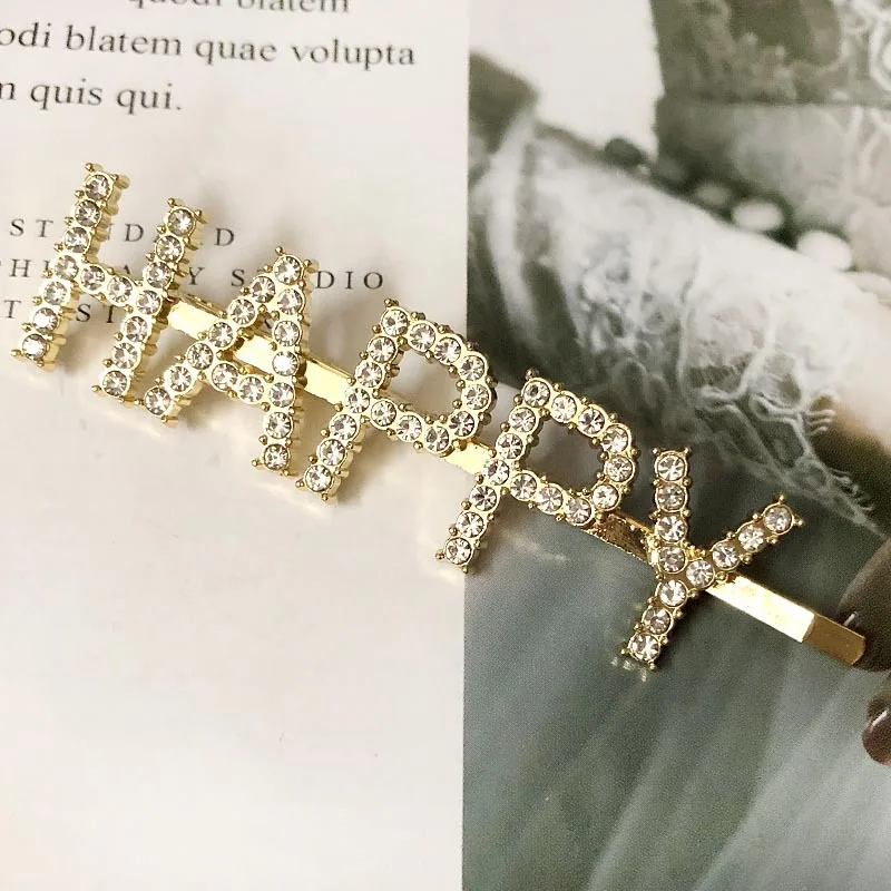 HAPPY Gold 1 шт., заколки для волос с кристаллами и буквами, стразы, заколки для волос, заколки для волос, инструменты для укладки волос, аксессуары, ювелирный подарок - Цвет: HAPPY Gold
