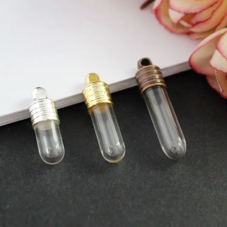 Tube shape glass Vial Pendant (metal cap with rubber plug mini glass charm/ bottle miniature vials jewelry necklace gift