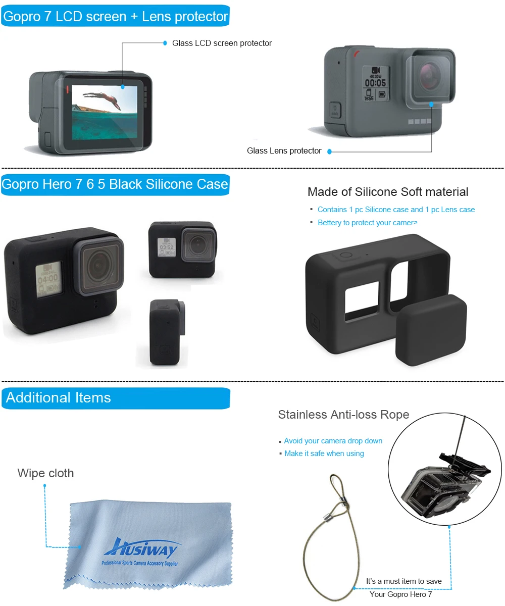 Glass+silicone+Steel rope for Gopro Hero 7 Black Accessories 副本