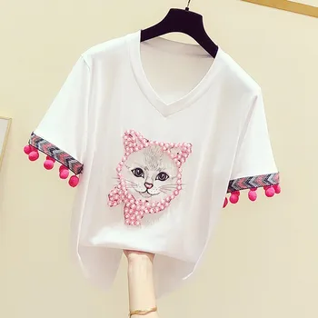 

White Tshirt Women 2020 Summer New Korean Fashion Cartoon Beaded Ball Tassel Short Sleeve V-neck T-shirt Women's Casual T Shirt