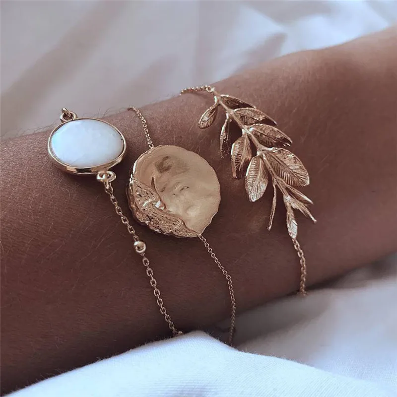 

3 Pcs/set Bohemian Bracelets for Woman Leaf Round Gold Color Vintage Bracelet Set Women Set Birthday Party Jewelry Accessories