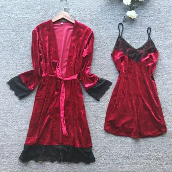

Elegant Solid Red Female Home Clothing 2pcs Sleep Set Nightwear Sexy N-neck Sleepwear Soft Velvet Kimono Bathrobe Gown Negligee