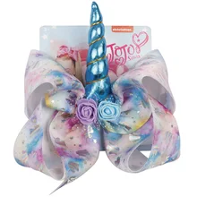 JOJO 8 дюймов Красочные Единорог цветок доставки лук головной убор детей заколки аксессуары для волос с картой Европа и Америка хо