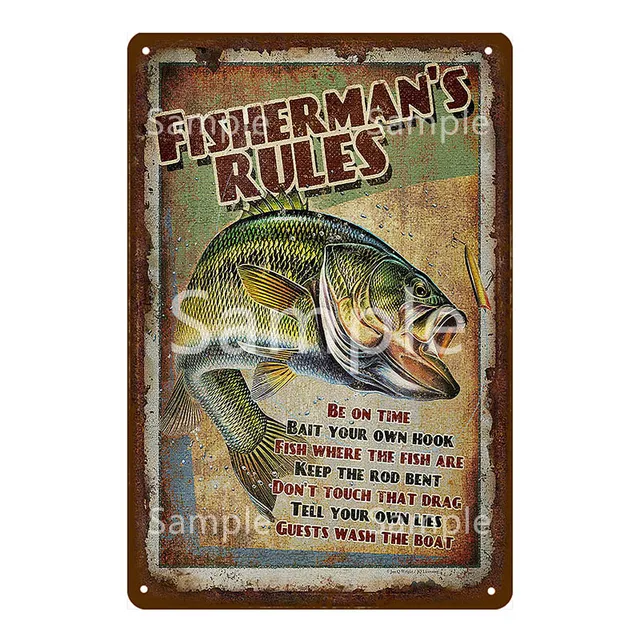Small fishing tin sign vintage style 20cm x 30cm Fisherman's Rules 1