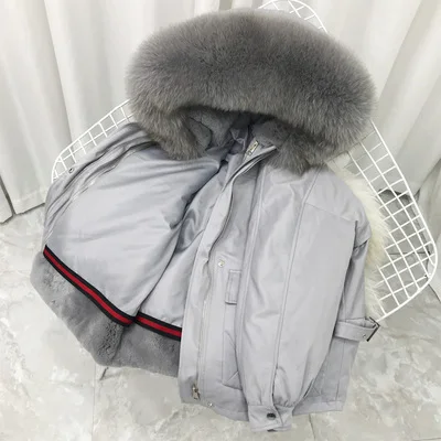 4 gray Модная новая верхняя одежда, женское короткое пальто с натуральным мехом, воротник из лисьего меха, подкладка из меха кролика Рекс, теплая куртка, плотное зимнее пальто, Зимняя парка - Цвет: 4 gray
