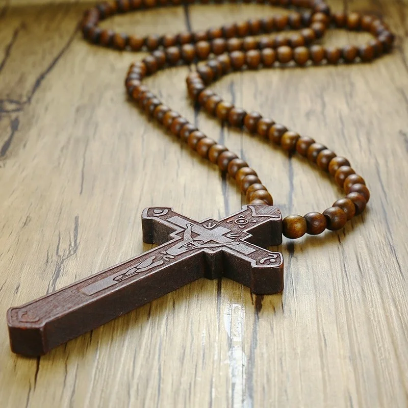 VNOX Unisex Black Stainless Steel Long Rosary Bead Chain Jesus Cross Catholic Crucifix Cross Necklace,36 