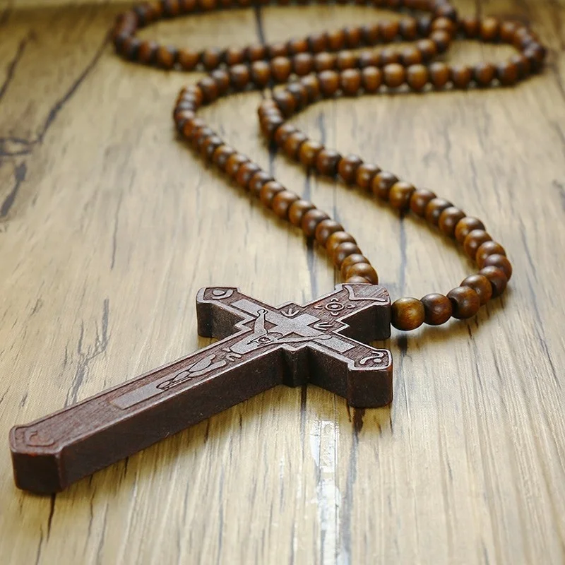 Rosario De Madera Con Perlas, Cruz Y Dije De Jesús María - Collar Religioso, Nuevo Con Etiquetas
