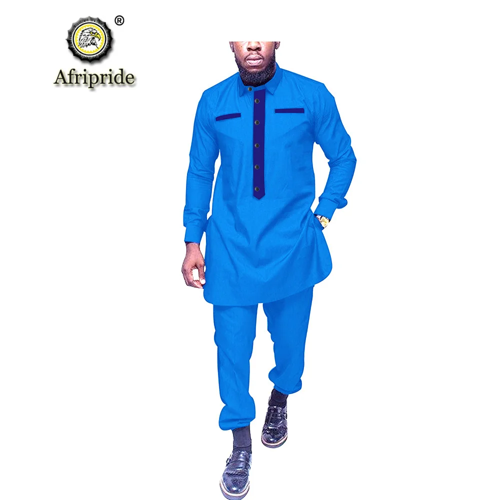 Африканская мужская одежда рубашки-Дашики рубашки и брюки с принтом Блузка для прогулок из чистого хлопка комплект из двух предметов Анкара AFRIPRIDE S1916002