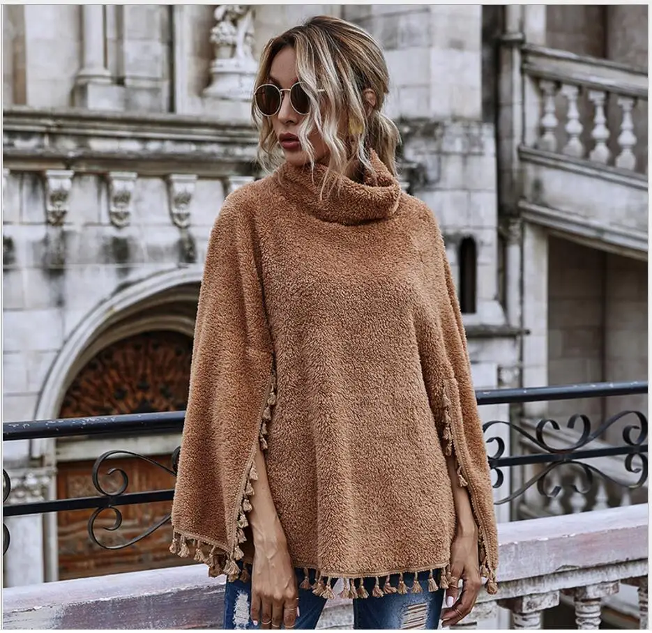 Cloak Long Sleeve Jacket Women Fashion High Collar Fringed Hem Fall Clothes for Plus Size Jackets |