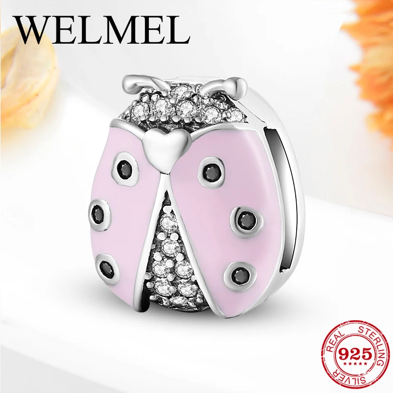 Real 925 Sterling Silver Pink Enamel Clear CZ Ladybug Charms Clips Beads fit Original silver 925 reflections Bracelets Jewelry