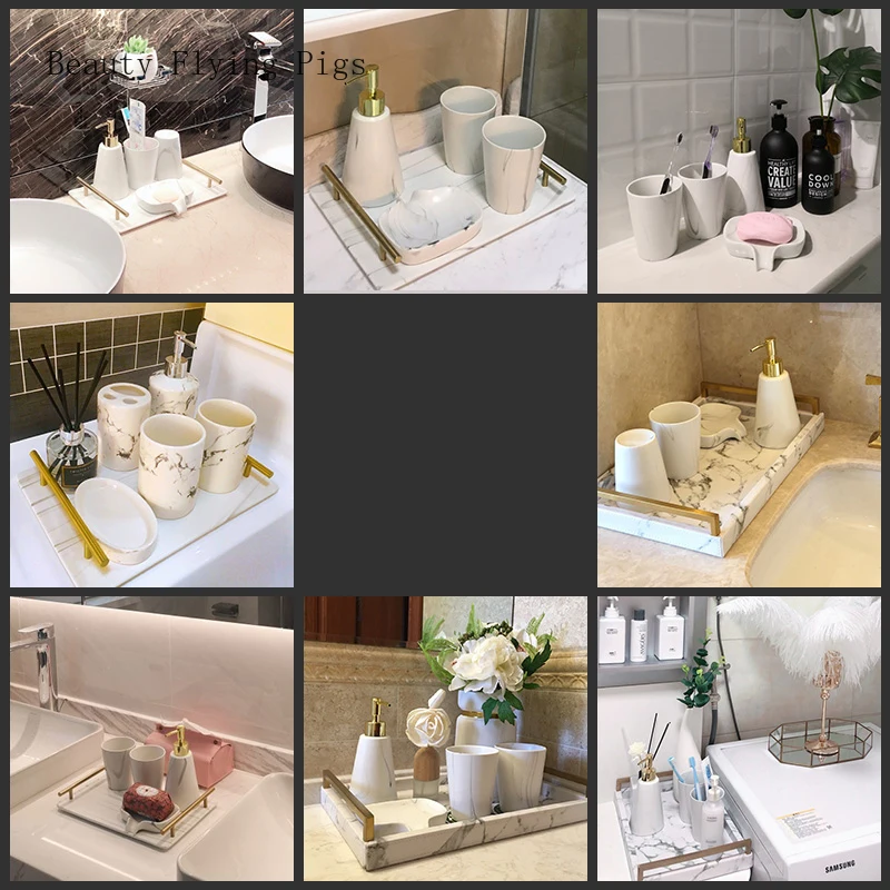 5Pcs Direct sales Nordic modern marble pattern bathroom ceramic toothbrush cup mouth cup soap dish soap bottle wedding gift set