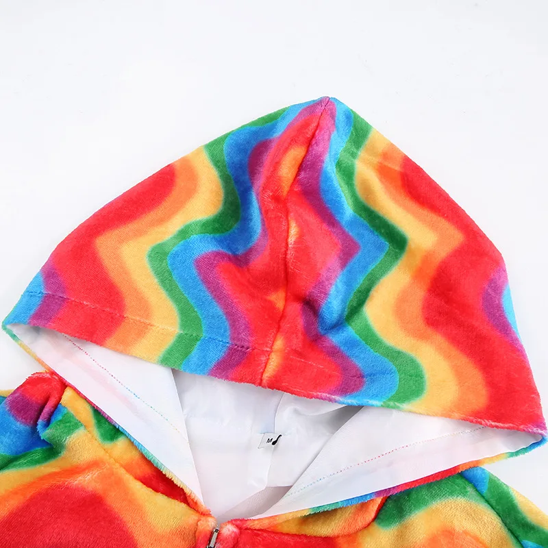 Радужные цветные полосатые пушистые фланелевые мягкие осенне-зимние толстовки для женщин и девочек с длинным рукавом на молнии с капюшоном топы толстовки