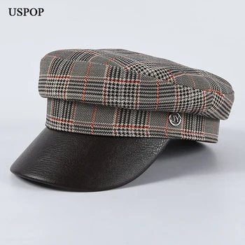 

USPOP New newsboy caps women plaid newsboy cap flat top military caps female patchwork PU brim hat