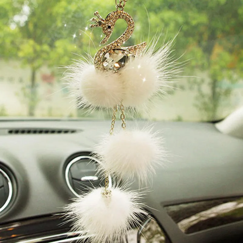 

fur ball pompom plated bowknot pearl Car Pendan l Rear view mirror rabbit Christmas lady Handbag car charm Pendant