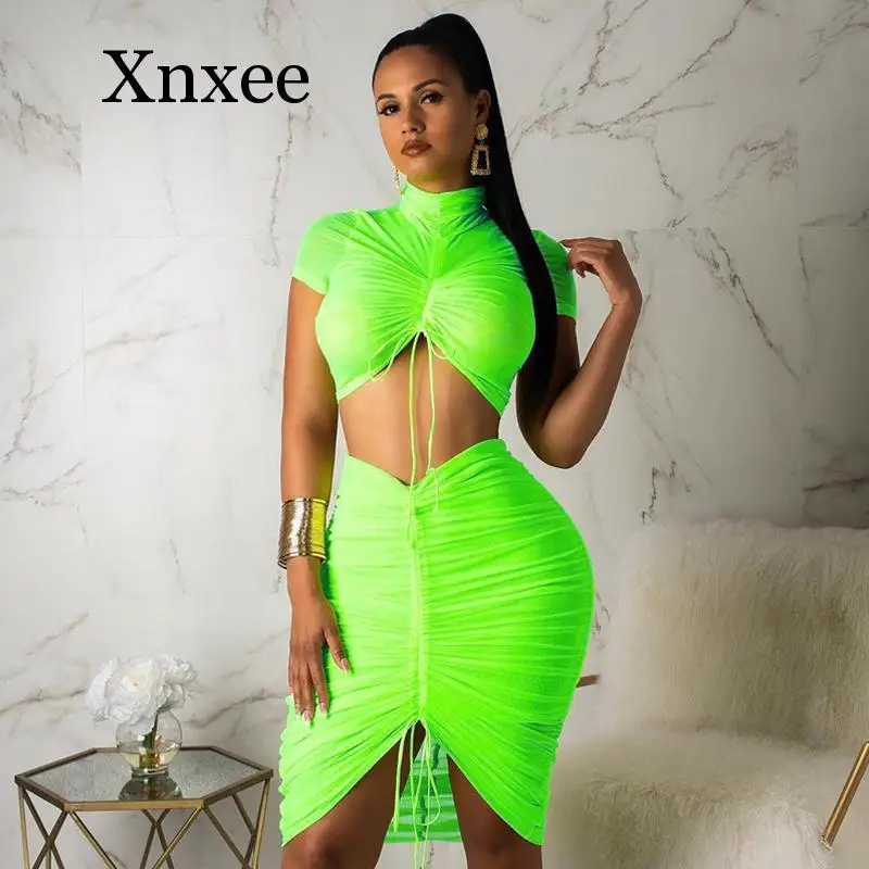 2020 dancing Neck Neon Pleated Crop Top Skirt Sets Women Party Casual 2 Piece Set Short Sleeve Tee & Tube Skirt Matching Sets