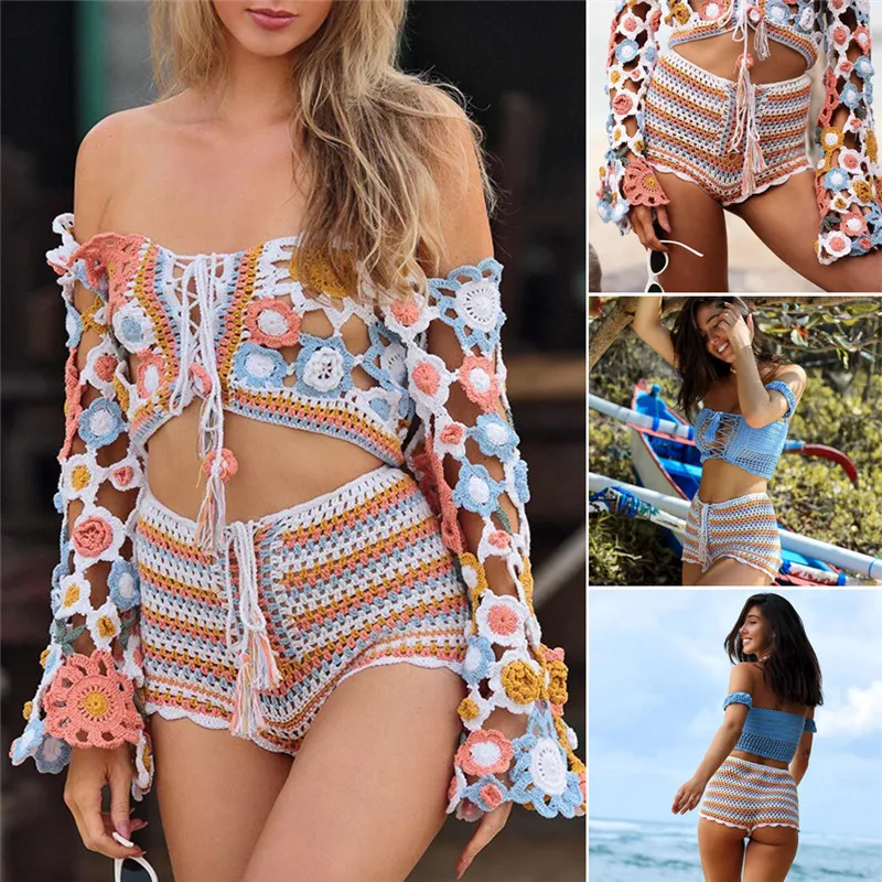 

2019 Summer Sexy Woman Two-piece Separate Shorts Fashion Casual Beach Sexy Hand-woven Striped Color Swim Shorts