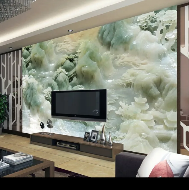 

3DCustomized wallpaper mural Chinese pattern with jade carving behind sofa as background in living room