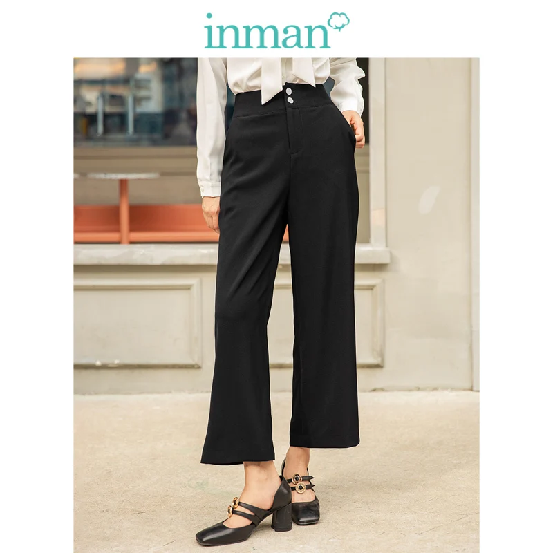 

INMAN 2019 Autumn New Arrival Literary Minimalism Black Medium High Waist Straight All Matched Women Casual Pants