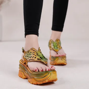 

D Knight Elegant Women Shoes Platform High Heels Bohemia Sandals Pattern Genuine Leather Floral Ankle Strap Wedges Heels Sandals