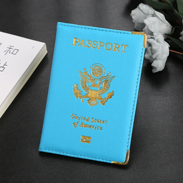 Personalised leather USA Passport Cover Customized Travel Passport holder American Wallet Covers for Passports us passport sky blue with gold