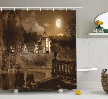 

Gothic Decor Shower Curtain Set Photo of Old Ancient Medieval Myst House in Retro Vintage Color at Full Moon Luna Boho Style