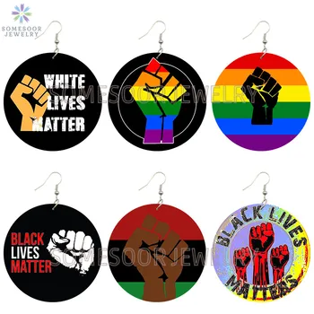 

SOMESOOR Rainbow Colors Power Fist Arts Printed Wooden Drop Earrings Black Lives Matter Sayings Wood Loops Dangle For Women Gift