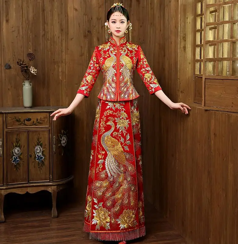 Красное традиционное китайское платье невесты феникс вышивка Cheongsam свадебное Qipao с длинным рукавом восточные стильные вечерние одежды Qi Pao