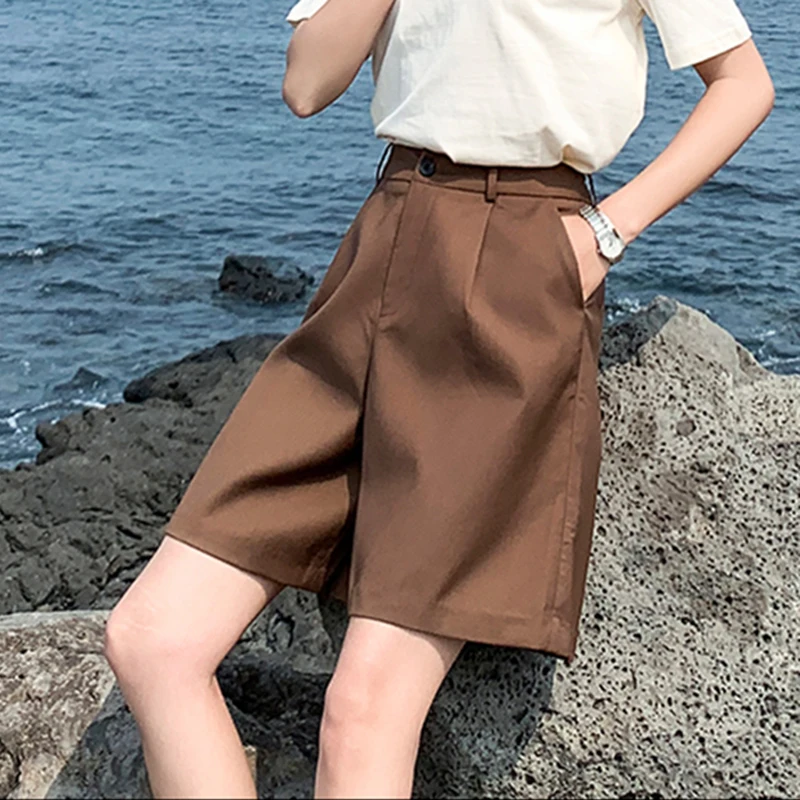 only button waist Японские Свободные стильные женские шорты с широкими штанинами, Летние удобные шорты с высокой талией, Короткие штаны до колена, спортивные шорты Damskie - Цвет: only button waist