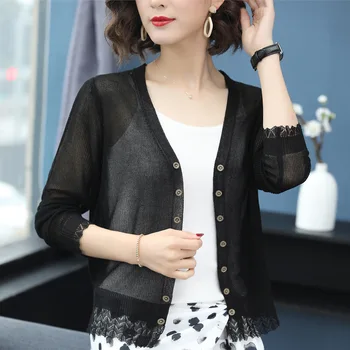 

New ladies solid color short-sleeved long-sleeved knitted cardigan button sunscreen 2020 red